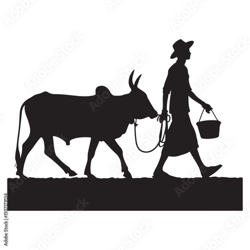 A silhouette of a man watches a cowboy with his cow, a wild animal on the farm
