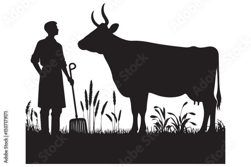 A black silhouette vector illustration shows a cow and calf near a goat silhouette, isolated like wild mammals