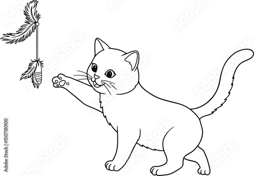 Cat playing with hanging feathers lineart illustration suitable for coloring book fun and engaging design 