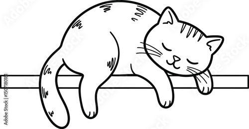 Cat lineart illustration suitable for coloring book featuring sleeping relaxed feline on branch vector design