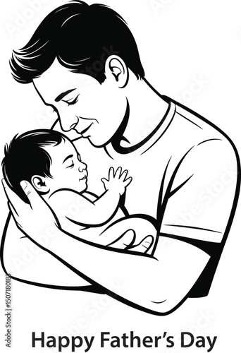 Father and Newborn Baby, Happy Father's Day Illustration
