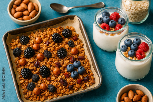 Homemade granola with nuts and berries served with yogurt and fresh fruit in glass jars