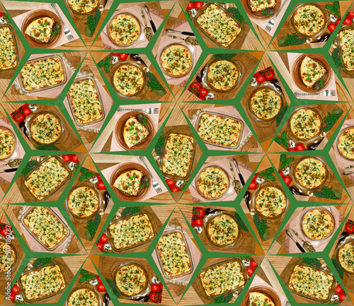 Design element for restaurant or cafe website. Moussaka. Mosaic. Watercolor. Seamless pattern for packing, wallpaper. Kerchief, tablecloth, towel. Textile, cotton fabric. For shirts, linens. Covers.