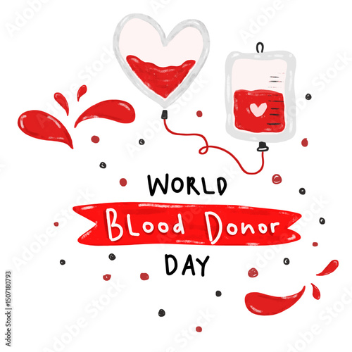Cute happy international world blood donor day text word type transfusion bag volunteer charity save life doodle kids confetti crayon watercolor illustration clipart sticker design