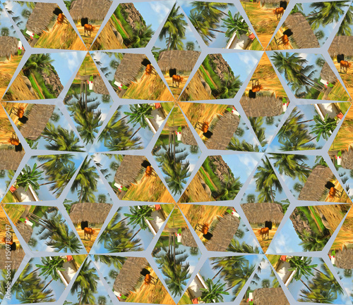 Design element for travel, tourism website. India. Mosaic. Watercolor. Seamless pattern for packing, wallpaper. Kerchief, tablecloth, towel. Textile, cotton. For shirts, linens. Covers.