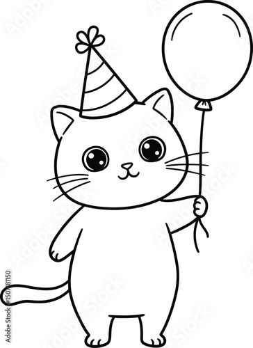 Cat holding balloon lineart illustration suitable for coloring book with party hat celebrating festive occasion vector design 