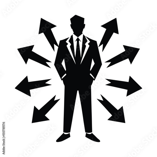 Businessman silhouette with arrows pointing in multiple directions on white background