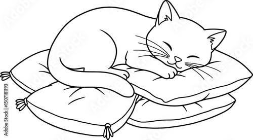 Cat lineart illustration suitable for coloring book showing sleeping feline resting on cushions vector design