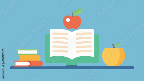 Nutrition Education An illustrated book or resource on nutrition open on a desk with the title Healthy Eating Basics visible alongside a laptop.