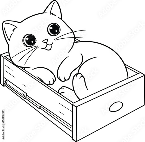 Cat lineart illustration suitable for coloring book featuring cute kitten in a wooden box playful pose vector design 