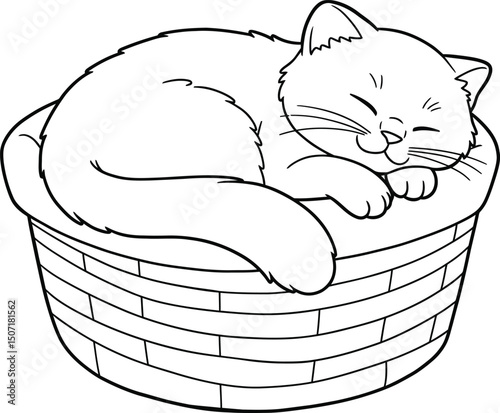 Cat sleeping in basket lineart illustration suitable for coloring book peaceful and simple design for relaxation 