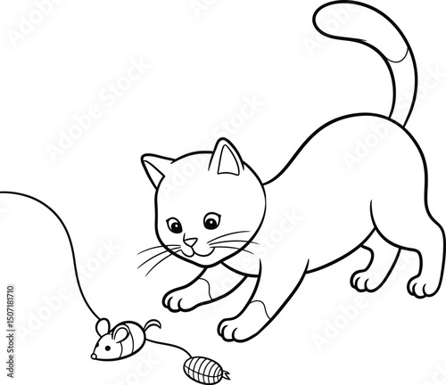 Cat playing with mouse lineart illustration suitable for coloring book simple playful pet animal design