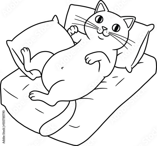 Cat lineart illustration suitable for coloring book with playful cat lying on bed with pillows vector design 