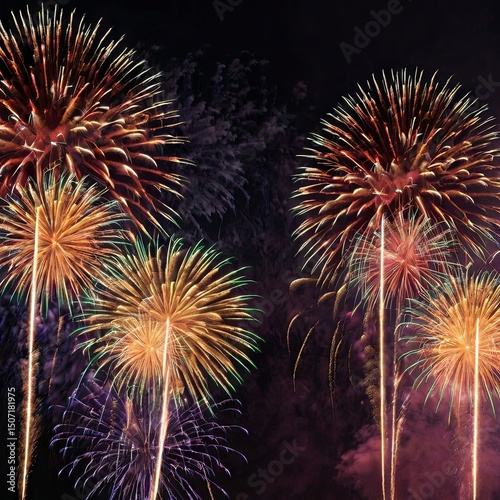 Multicolored fireworks over the night metropolis. Independence Day celebration concept, 4th of July America, banner for the store