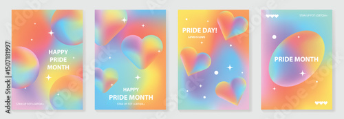 Happy Pride month poster background vector set. LGBTQ community symbol with rainbow, pride flag, heart. Design for celebration, bisexual, transgender, party poster, rights, ads.