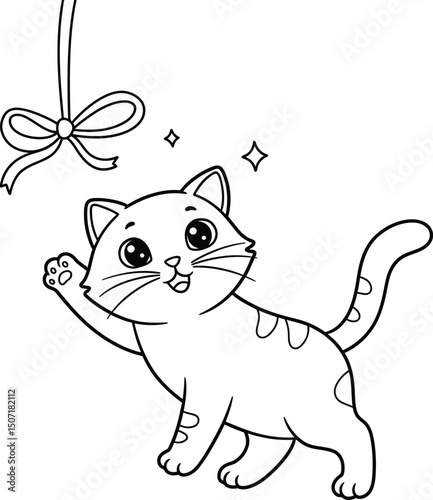 Cat playing with hanging ribbon lineart illustration suitable for coloring book cute kitten vector design 