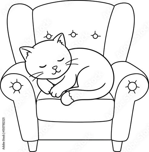 Cat lineart illustration suitable for coloring book featuring sleeping cat on armchair design
