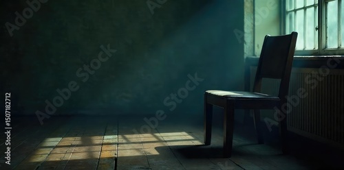 Close-up of an empty chair in a dimly lit room, symbolizing isolation and solitude A feeling of profound loneliness is palpable in the scene , interior, abandoned, home