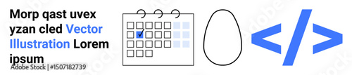 Calendar with marked day, simple egg outline, and blue coding brackets incorporates focus on scheduling, creativity, structure, planning, development, coding, simple landing page