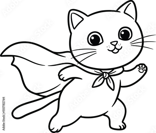 Cat lineart illustration suitable for coloring book featuring superhero cape character design