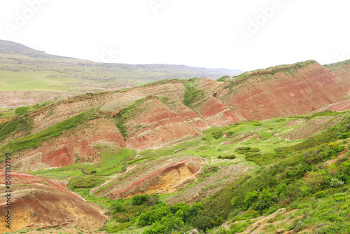 Colorful spectacular panoramic view of rainbow mountains hills in Georgia. Striped desert of Mravaltskaro mountains at the border of Georgia and Azerbaijan. Famous tourist place