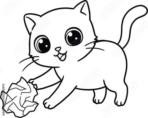 Cat Playing with Paper Ball Lineart Illustration Suitable for Coloring Book Fun Pet Activity Design