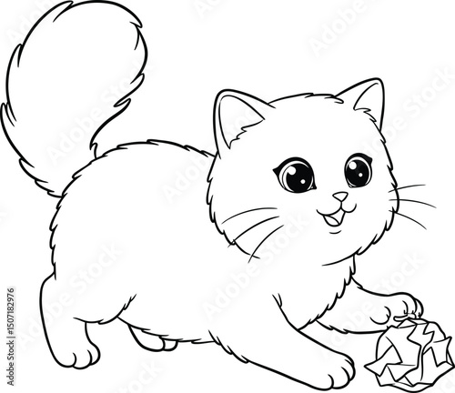 Playful cat lineart illustration suitable for coloring book with cute expression and fluffy tail design