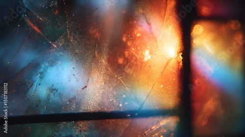 Colorful lens flare faded stained glass with dust scratches texture casting rainbow light through vintage window