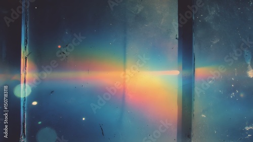Colorful lens flare faded stained glass with dust scratches texture casting rainbow light through vintage window
