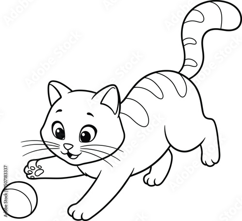 Playful cat lineart illustration suitable for coloring book with ball and whiskers design
