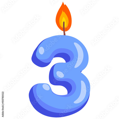 Blue Number Three Birthday Candle Illustration