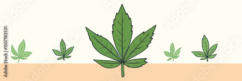 Cartoon green marijuana cannabis leaf isolated flat minimalist vector illustration with smaller leaves in background and beige ground