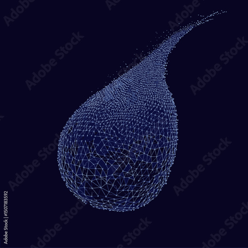 Abstract polygonal water drop formed by blue glowing connected mesh lines and dots on dark background with dynamic trailing particles effect digital vector illustration