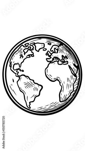 Black and white engraved globe vector illustration showing Americas, Europe, and Africa continents in minimalist outline style with textured ocean surface and circular frame