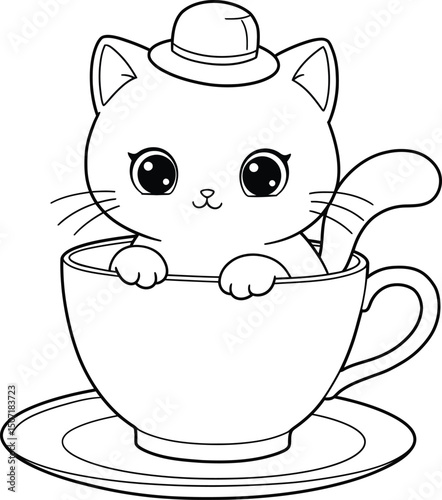 Cat in teacup lineart illustration suitable for coloring book with cute hat design for children and adults fun activity