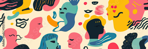 Seamless pattern of abstract colorful human faces and shapes in minimalist flat vector style with retro 70s inspired color palette and expressive forms for fabric or background design