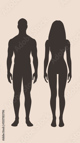 Black silhouette of standing man and woman full body front view minimalistic vector illustration of male and female gender comparison isolated on light background for health and medicine concept
