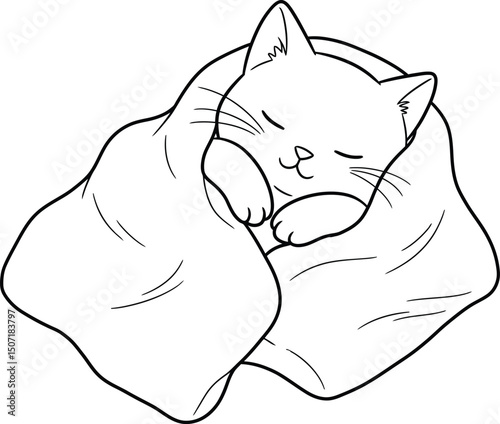 Sleeping cat lineart illustration suitable for coloring book with cozy blanket design