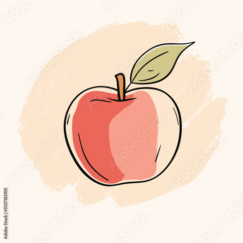 Hand drawn red apple with single green leaf sketch, minimalist flat style fruit illustration with soft beige brush stroke background for healthy food concept design