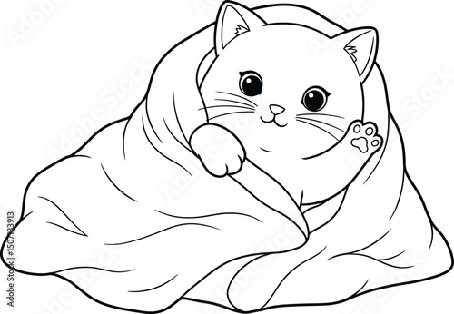 Cat wrapped in blanket lineart illustration suitable for coloring book cute playful kitten vector design 