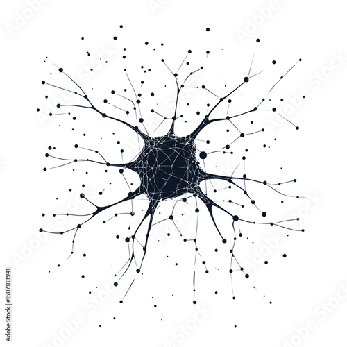Black low poly style neuron vector illustration with thin connecting lines and dots on white background representing brain cell network and neural connections in science and medicine concepts