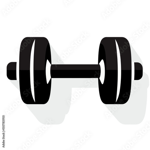 Minimalist black dumbbell icon with strong shadow, flat style vector image illustrating fitness equipment for strength training and gym workouts on white background