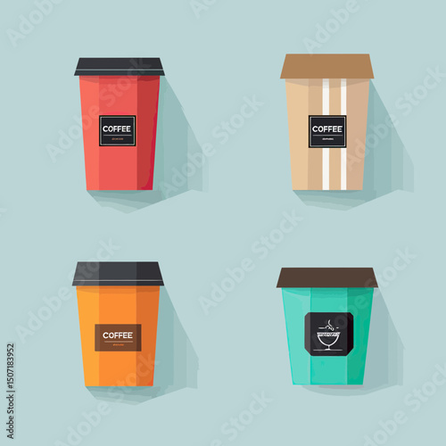 Minimalist flat style colorful paper coffee cups with lids and coffee labels realistic long shadows set for takeaway drinks packaging design mockup vector illustration
