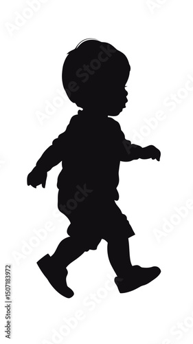 Silhouette of toddler boy walking side view black vector illustration flat minimalist style isolated on white background infant child movement concept early childhood development design element
