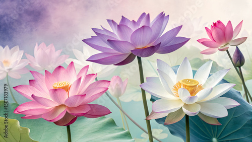 Pastel purple background close up of colorful lotus flower design for backdrop or wallpaper.