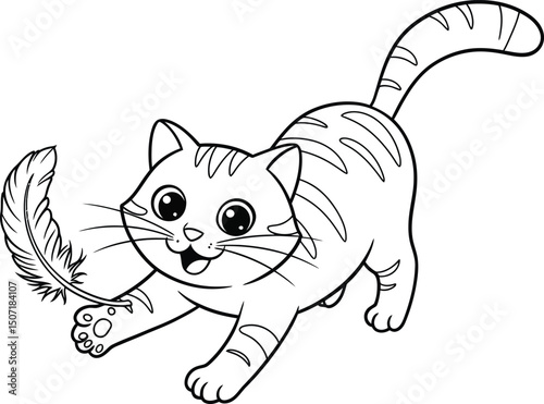 Cat playing with feather lineart illustration suitable for coloring book happy playful pet design vector 