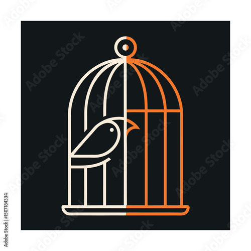 Minimalist bird inside and outside of cage illustration conceptualizing freedom and confinement