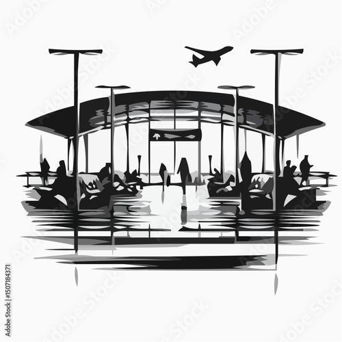 Airport terminal interior with passengers waiting and an airplane overhead  