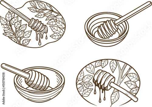 Honey dipper with honey and leaves hand drawn bowl set, natural sweetness, floral organic dessert ingredient illustration