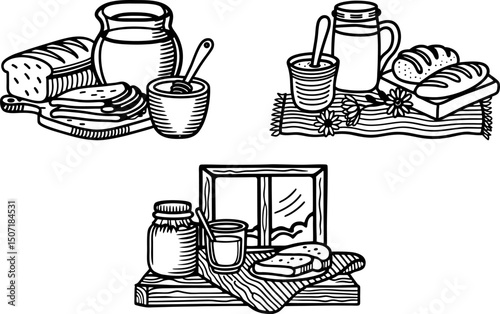 fresh bread loaves, honey, milk, and butter on breakfast table hand drawn sketch of homemade healthy food by window